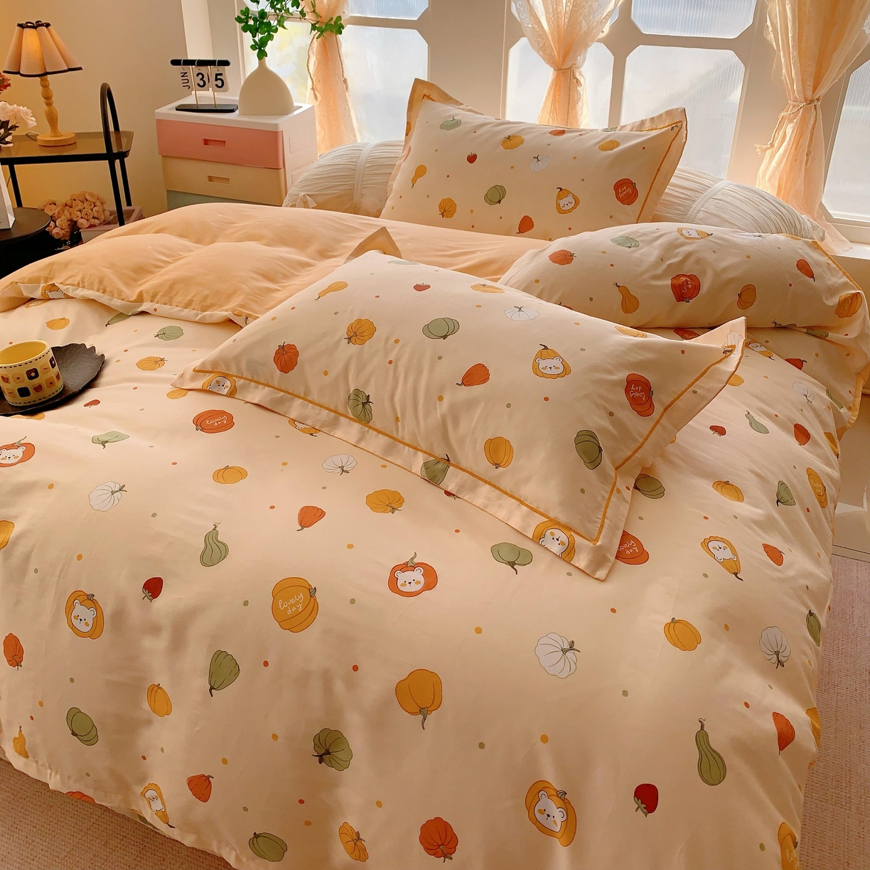 91家纺网 家纺一手货源 找家纺 奈萝家纺 2025新款亲肤小清新全棉四件套 元气南瓜