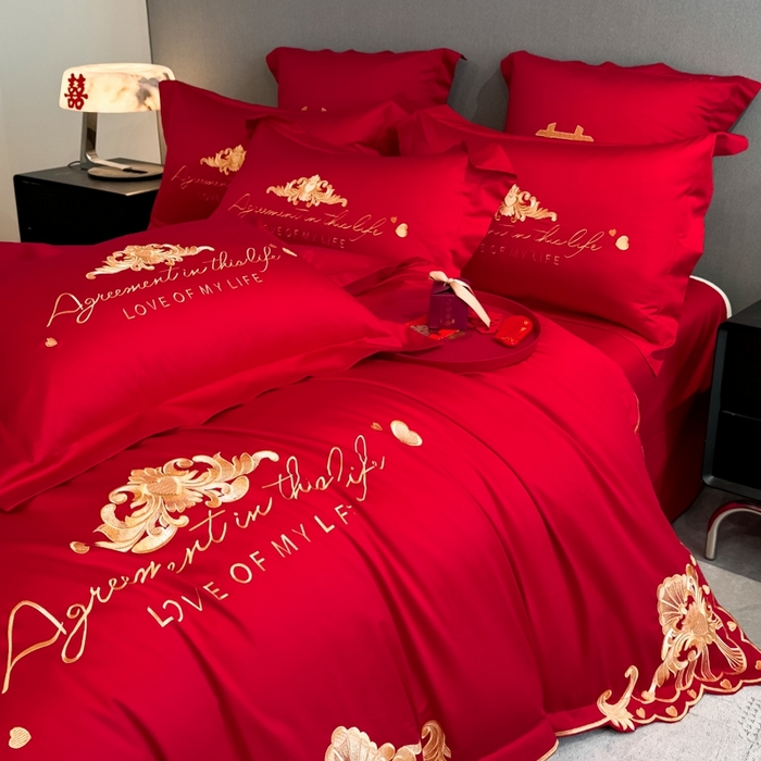 91家纺网 家纺一手货源 找家纺 欧乐蒂 2025新款欧式亲肤棉婚庆四件套 锦绣佳缘-红