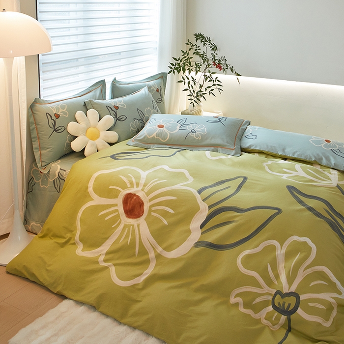 91家纺网 家纺一手货源 找家纺 启航家居2025新款春夏直播爆款全棉大版印花四件套 绒朵绿