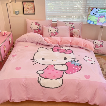 金爱家 2025新款纯棉数码印花大阪三丽鸥四件套 D草莓kt粉