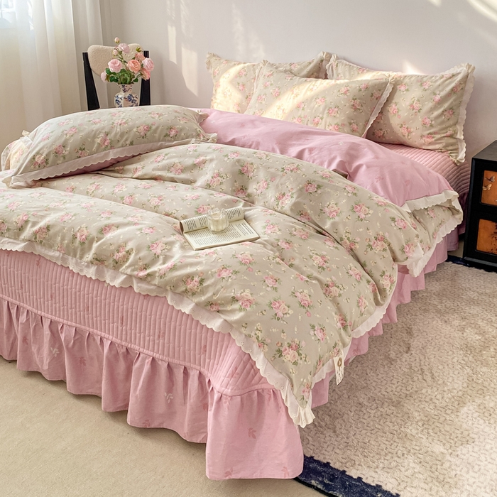 91家纺网 家纺一手货源 找家纺 梦可莱家居 2025新款全棉韩版蕾丝边床盖四件套 玫瑰