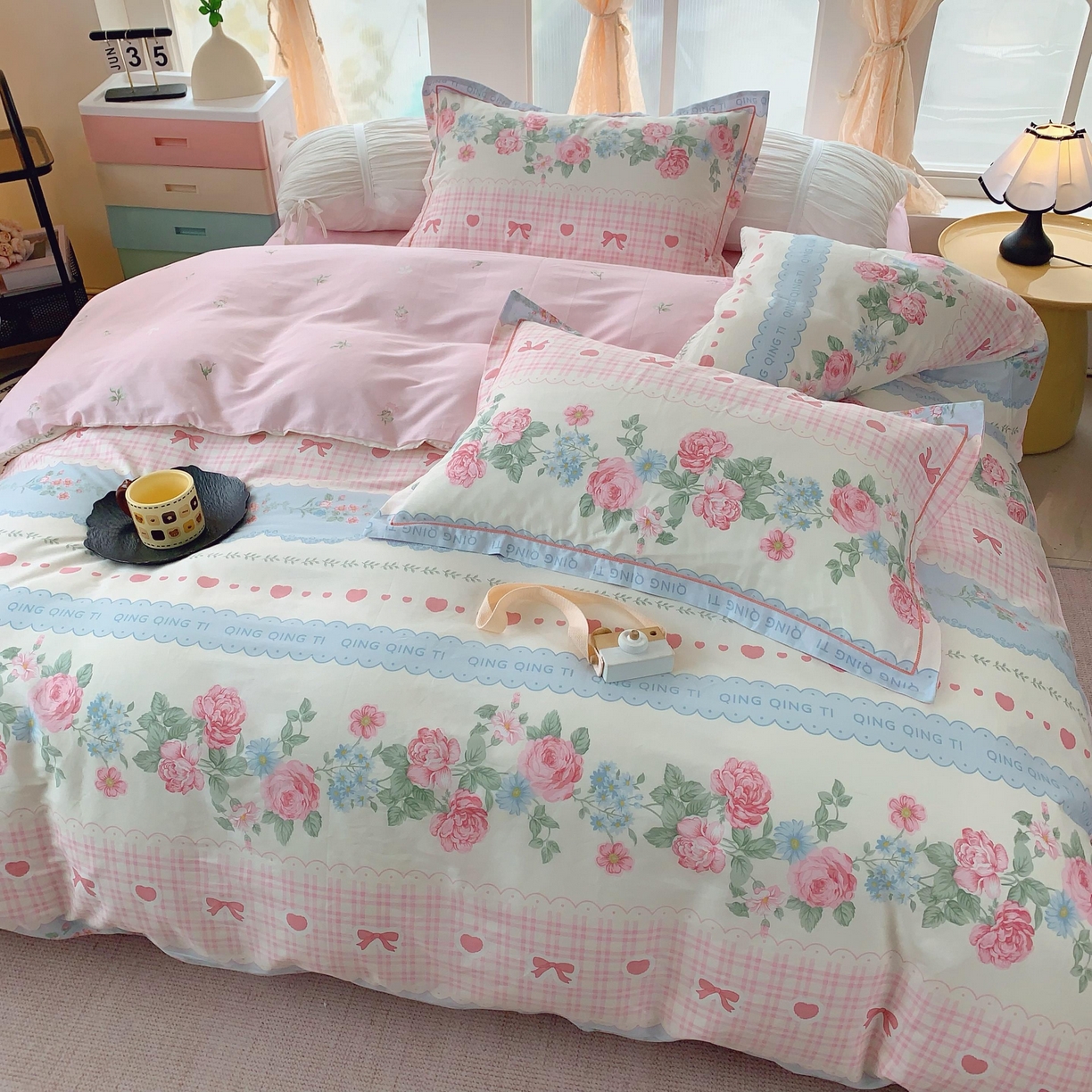 91家纺网 家纺一手货源 找家纺 奈萝家纺 2025新款亲肤小清新全棉四件套 安妮玫瑰