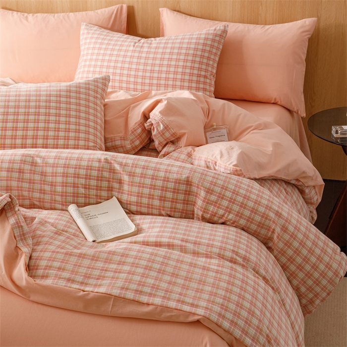 91家纺网 家纺一手货源 找家纺 趣色家纺 2025新款全棉色织水洗棉四件套 恩格尔粉