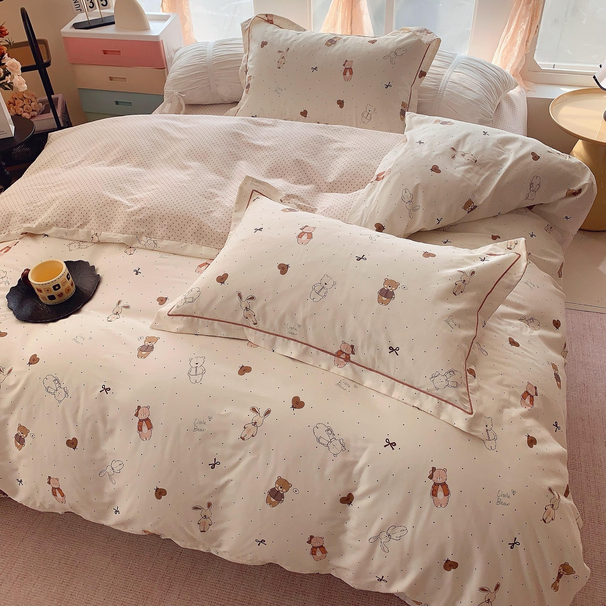 91家纺网 家纺一手货源 找家纺 奈萝家纺 2025新款亲肤小清新全棉四件套 布朗熊