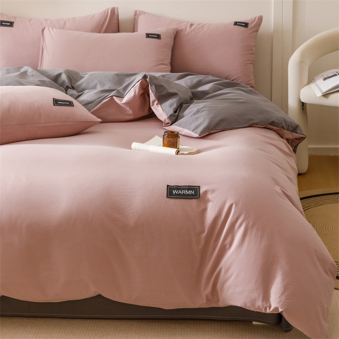 91家纺网 家纺一手货源 找家纺 趣色家纺 2025新款全棉双拼纯色四件套 香芋+浅灰