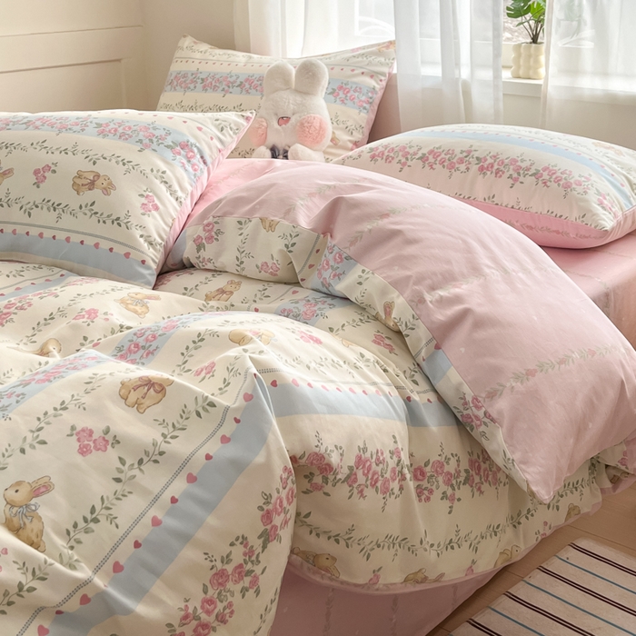 91家纺网 家纺一手货源 找家纺 吉象家纺 2025新款高支密全棉印花四件套12868跑量款 碎花小兔