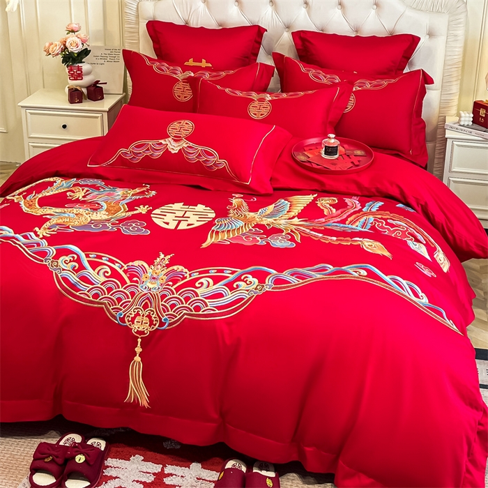 91家纺网 家纺一手货源 找家纺 欧乐蒂 2025新款亲肤棉刺绣婚庆四件套 龙凤祥瑞