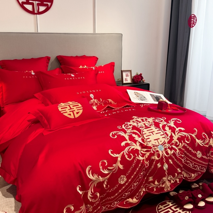 91家纺网 家纺一手货源 找家纺 欧乐蒂 2025新款欧式亲肤棉婚庆四件套 布拉格-红