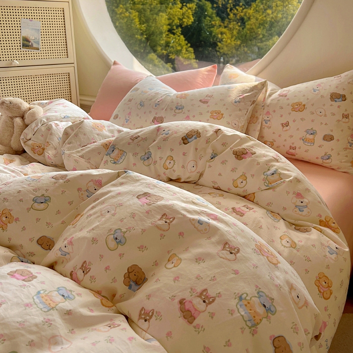 91家纺网 家纺一手货源 找家纺 2025耀达新款舒适水洗棉印花四件套 软萌西高地-印花