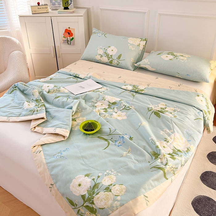 91家纺网 家纺一手货源 找家纺 尊妙被业 2025新款里外全棉印花棉花被纯棉夏被夏凉被全棉棉花夏凉被含苞初放-绿