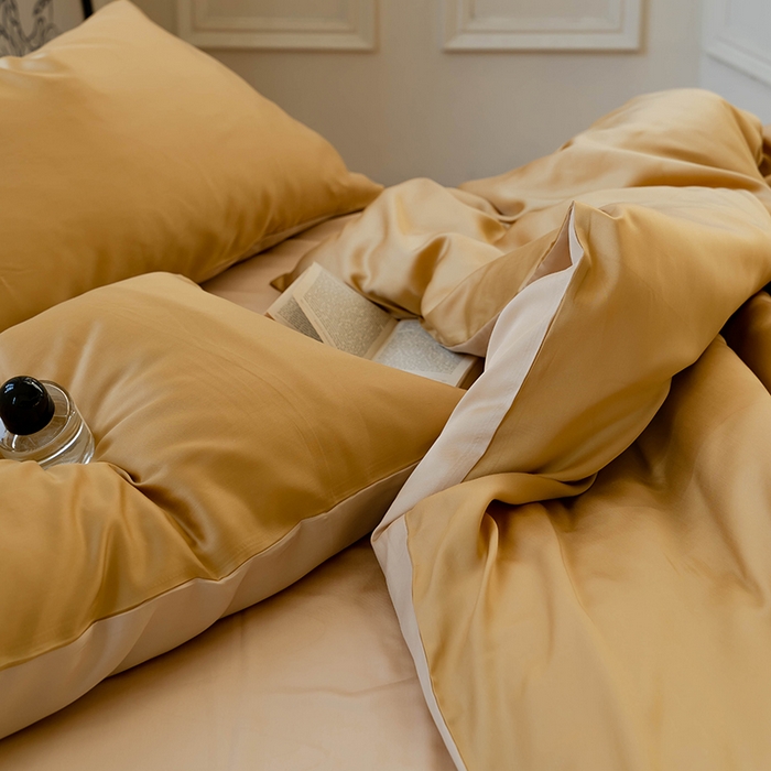 91家纺网 家纺一手货源 找家纺  沐晴家纺 2025春夏新款纯色兰精天丝四件套双拼单被套单床笠床单枕套 芝士黄-沙茶色