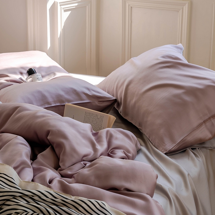 91家纺网 家纺一手货源 找家纺  沐晴家纺 2025春夏新款纯色兰精天丝四件套双拼单被套单床笠床单枕套 满天星紫-曙光银