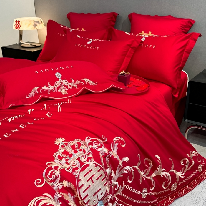 91家纺网 家纺一手货源 找家纺 欧乐蒂 2025新款欧式亲肤棉婚庆四件套 布拉格-红