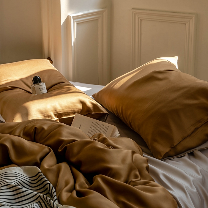 91家纺网 家纺一手货源 找家纺  沐晴家纺 2025春夏新款纯色兰精天丝四件套双拼单被套单床笠床单枕套 敦煌色-曙光银