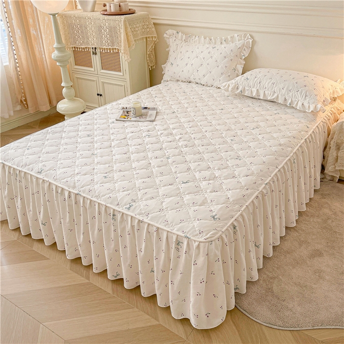 91家纺网 家纺一手货源 找家纺 十个点2025新款针织棉 夹棉床笠式床裙床头罩系列  樱桃结