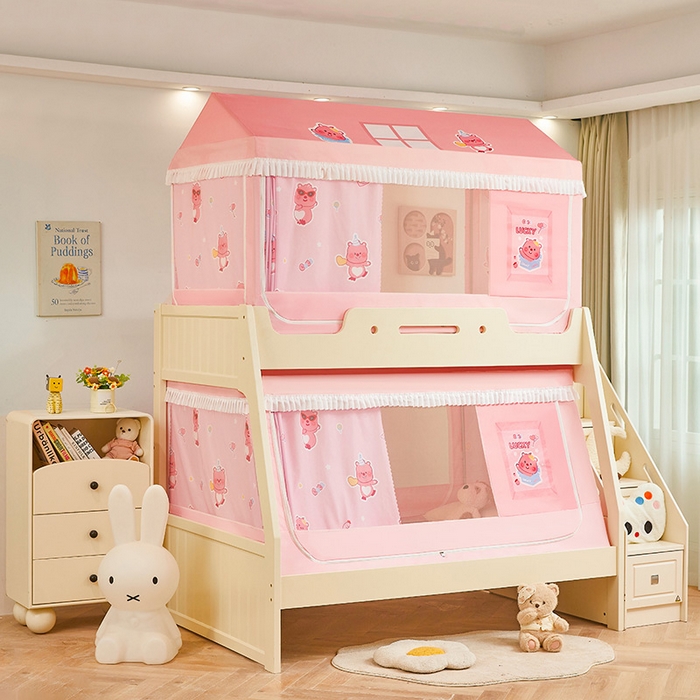 91家纺网 家纺一手货源 找家纺 迪凡保罗蚊帐 2025新款2504专版印花遮光帘上下铺子母蚊帐-城堡款 粉红小熊