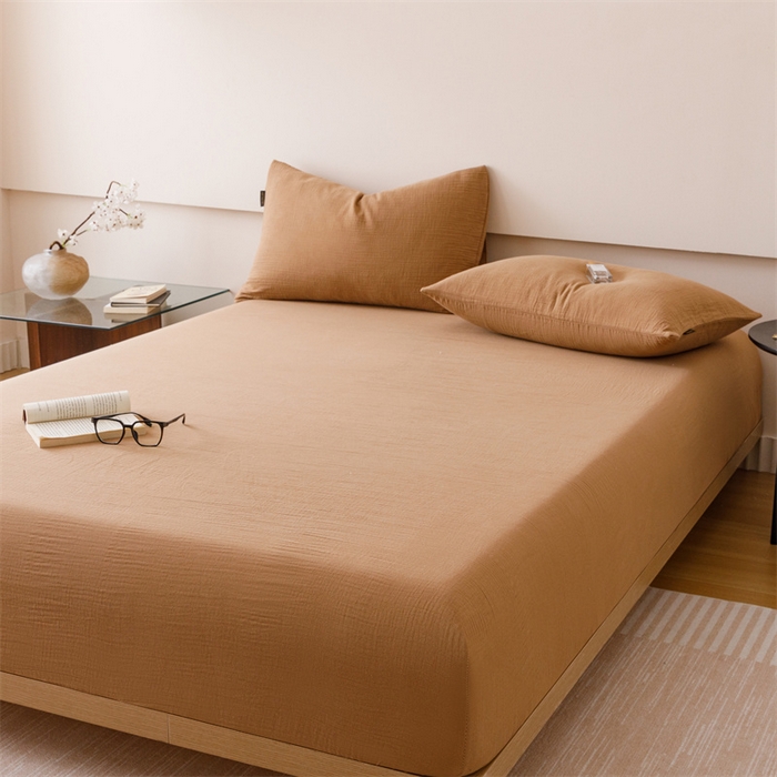 91家纺网 家纺一手货源 找家纺 趣色家纺 2025新款全棉皱皱纱单床笠 摩卡