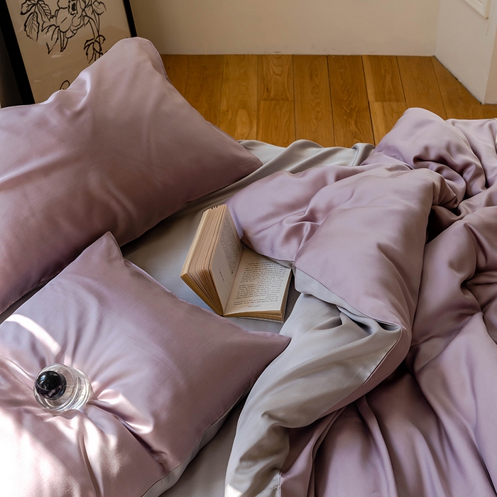 91家纺网 家纺一手货源 找家纺  沐晴家纺 2025春夏新款纯色兰精天丝四件套双拼单被套单床笠床单枕套 满天星紫-曙光银