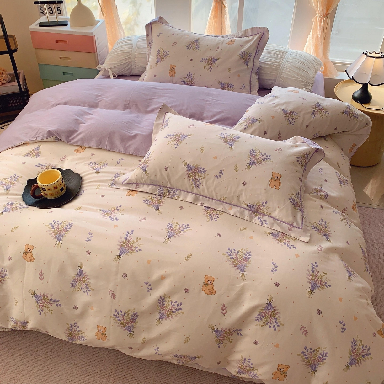 91家纺网 家纺一手货源 找家纺 奈萝家纺 2025新款亲肤小清新全棉四件套 松松熊米