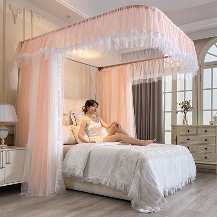 91家纺网 家纺一手货源 找家纺 宝莱利 2025年新款拉幕导轨蚊帐（可升降合金弯头支架）-田园风情 玫瑰粉