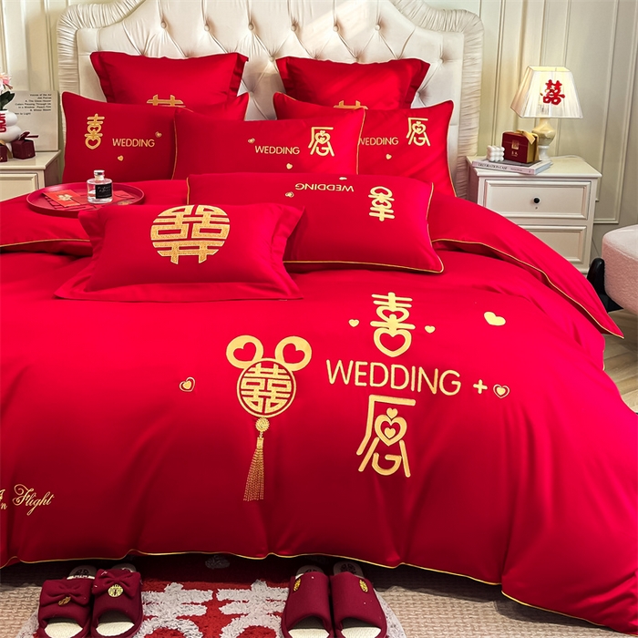 91家纺网 家纺一手货源 找家纺 欧乐蒂 2025新款亲肤棉刺绣婚庆四件套 喜愿