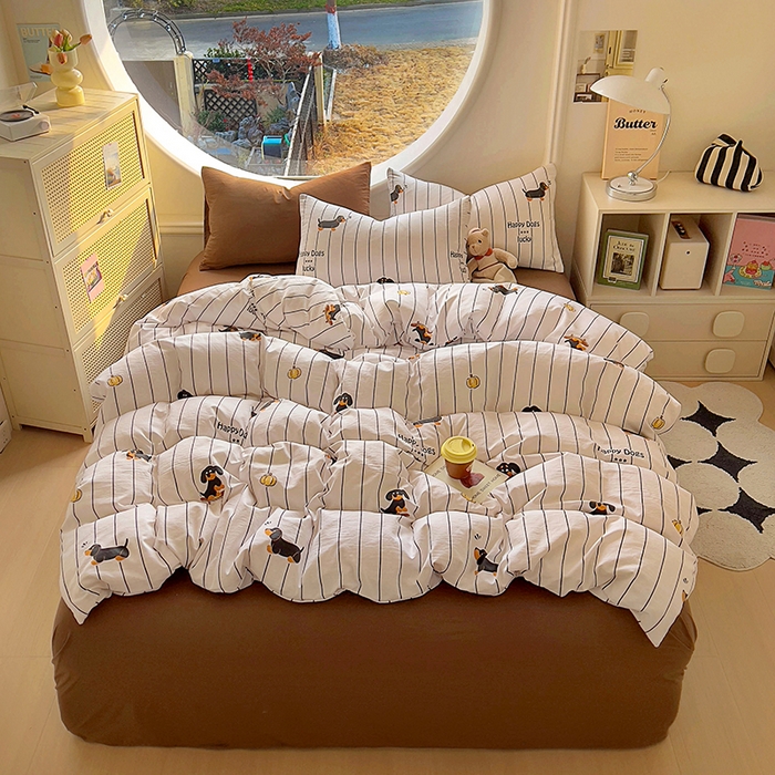 91家纺网 家纺一手货源 找家纺 2025耀达新款舒适水洗棉印花四件套 条纹犬-印花