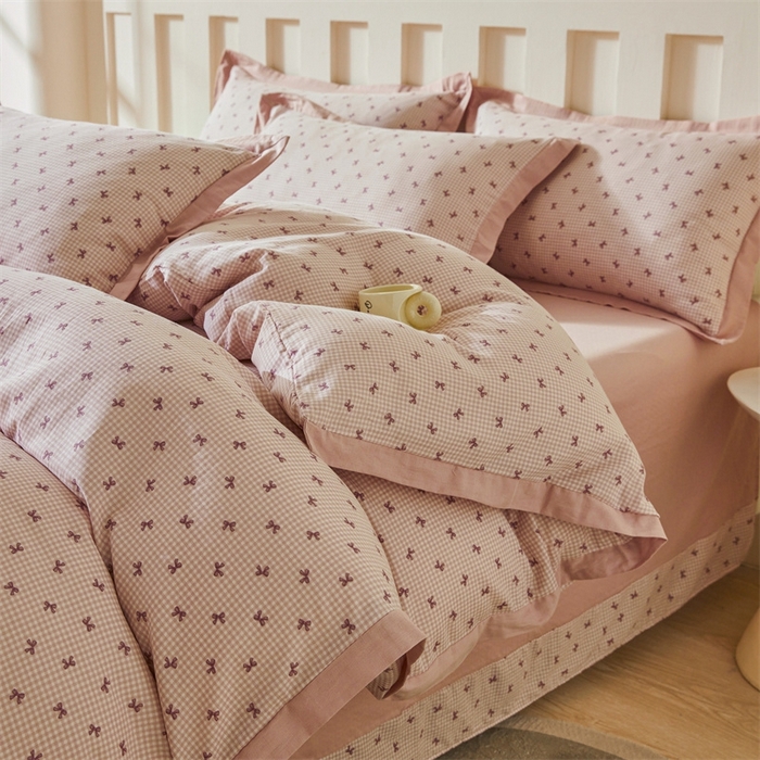 91家纺网 家纺一手货源 找家纺 缦彩 【加微信送买家秀】2025新款母婴级双层纱宽边床单四件套 竹生空野