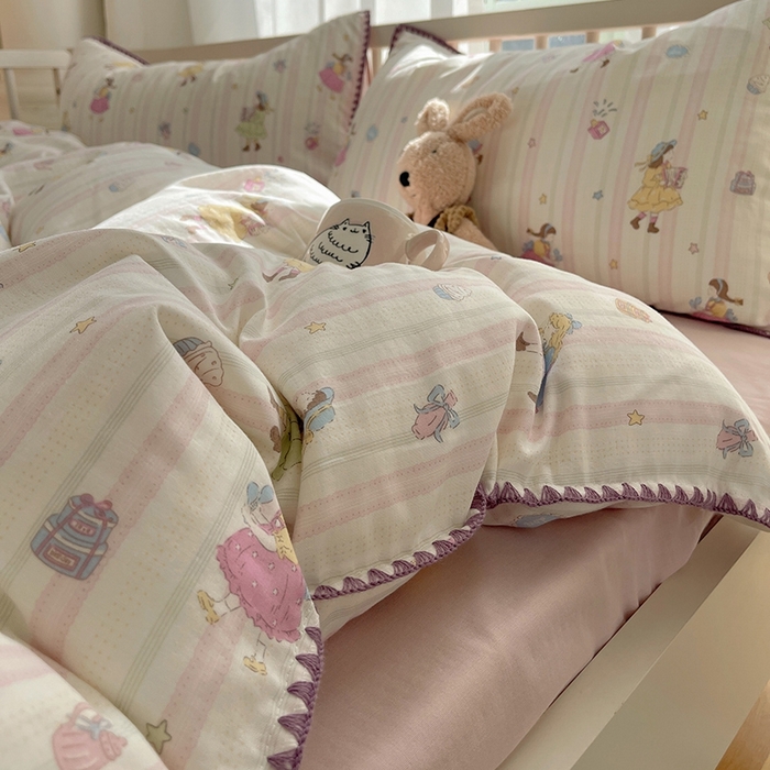 91家纺网 家纺一手货源 找家纺 三朵 2025新款全棉双层纱三角针四件套 萌畔粉