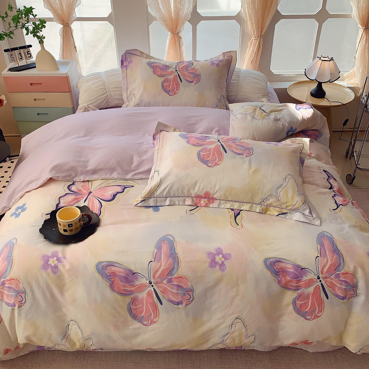 91家纺网 家纺一手货源 找家纺 奈萝家纺 2025新款亲肤小清新全棉四件套 紫蝶