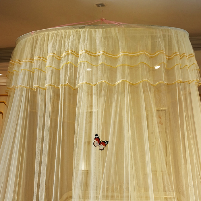 91家纺网 家纺一手货源 找家纺 宝莱利 2025年新款1.5米直径圆顶吊顶落地蚊帐-芳华 米黄