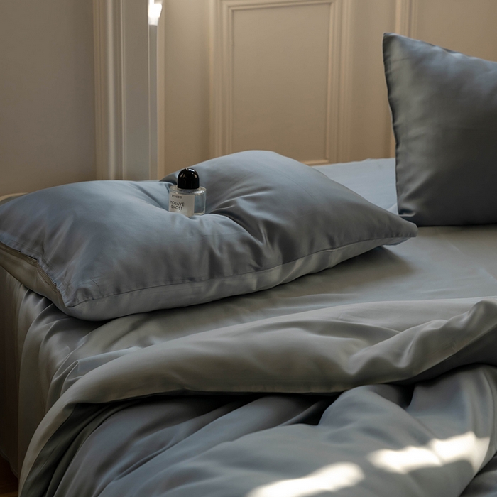 91家纺网 家纺一手货源 找家纺  沐晴家纺 2025春夏新款纯色兰精天丝四件套双拼单被套单床笠床单枕套 灰蓝色-冰川灰