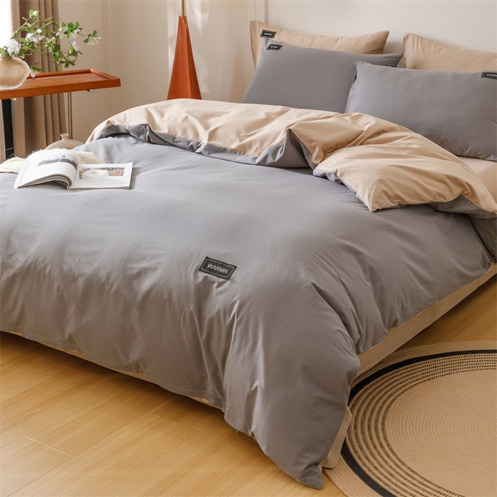 91家纺网 家纺一手货源 找家纺 趣色家纺 2025新款全棉双拼纯色四件套 浅灰+卡其