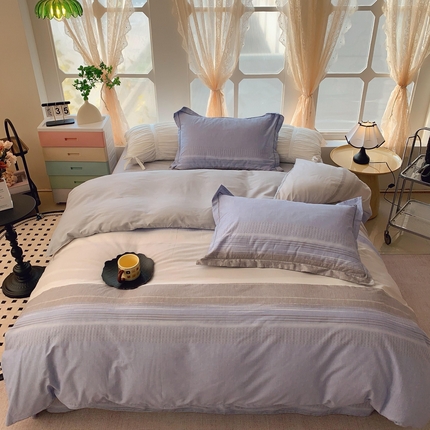 奈萝家纺 2025新款亲肤小清新全棉四件套 条纹艺术蓝