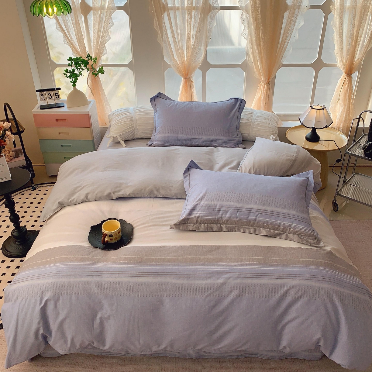 91家纺网 家纺一手货源 找家纺 奈萝家纺 2025新款亲肤小清新全棉四件套 条纹艺术蓝