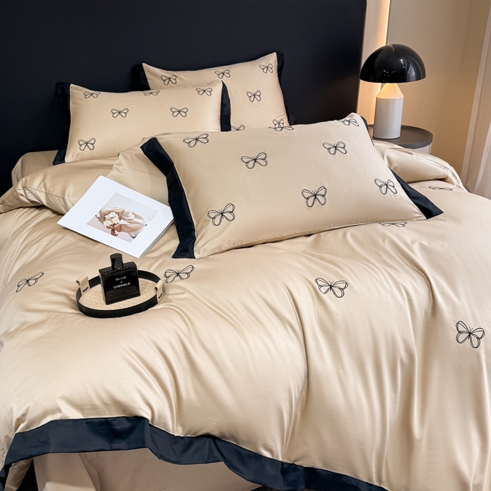 91家纺网 家纺一手货源 找家纺 KA家纺2025春夏新款全棉绣花四件套 雨蝶系列 雨蝶香槟