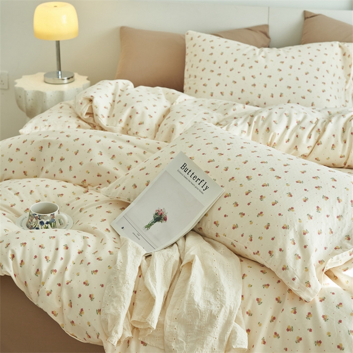 91家纺网 家纺一手货源 找家纺 趣色家纺 2025新款A类全棉双层纱印花四件套 柚香红