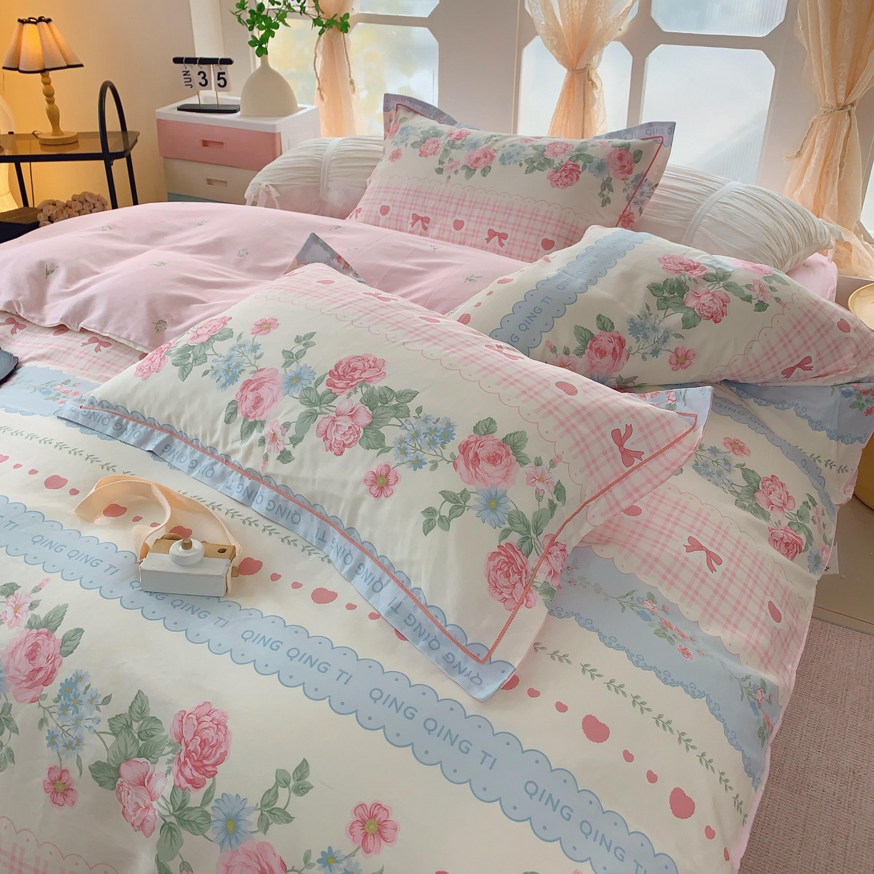 91家纺网 家纺一手货源 找家纺 奈萝家纺 2025新款亲肤小清新全棉四件套 安妮玫瑰