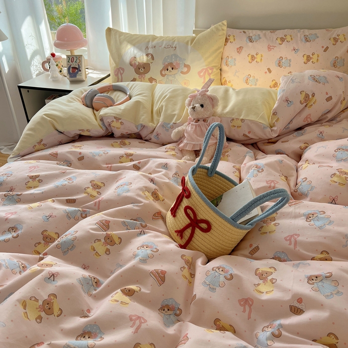 91家纺网 家纺一手货源 找家纺 丽涵 2025新款全棉13372小清新印花四件套 幸运小熊熊