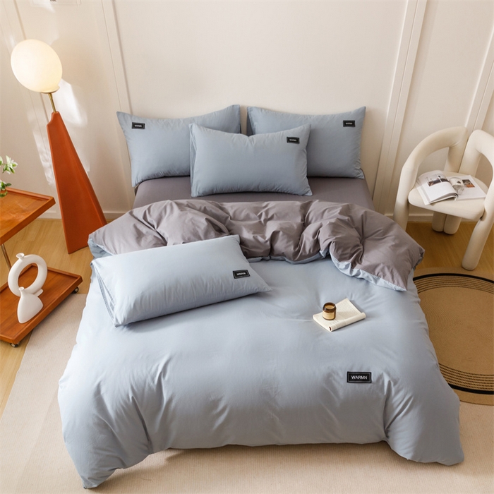 91家纺网 家纺一手货源 找家纺 趣色家纺 2025新款全棉双拼纯色四件套 雾霾蓝+浅灰