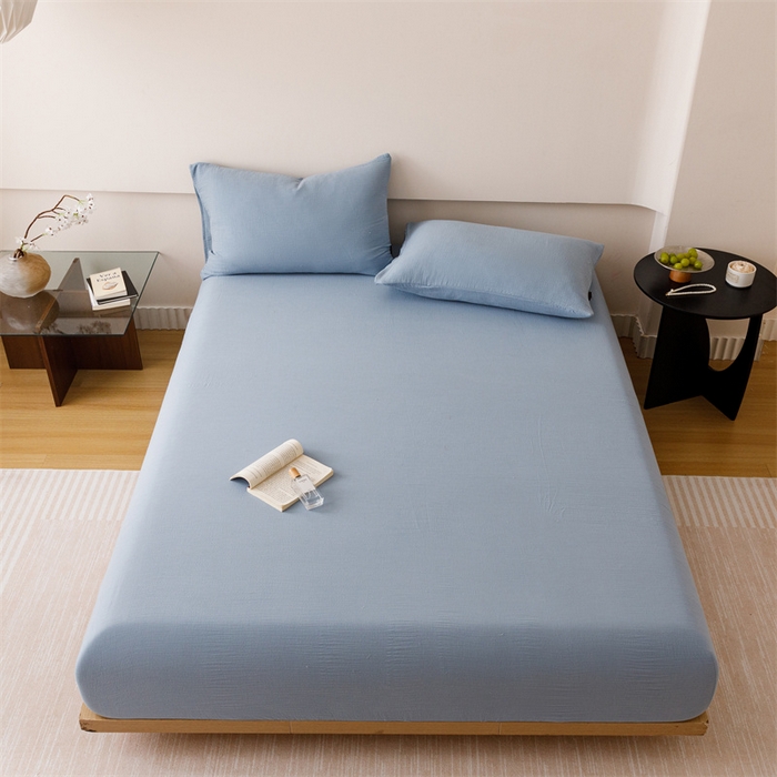 91家纺网 家纺一手货源 找家纺 趣色家纺 2025新款全棉皱皱纱单床笠 雾霾蓝