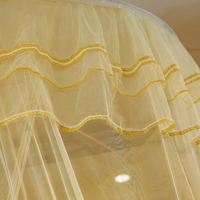 91家纺网 家纺一手货源 找家纺 宝莱利 2025年新款1.5米直径圆顶吊顶落地蚊帐-芳华 米黄