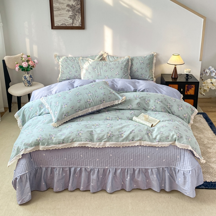 91家纺网 家纺一手货源 找家纺 梦可莱家居 2025新款全棉韩版蕾丝边床盖四件套 罗兰