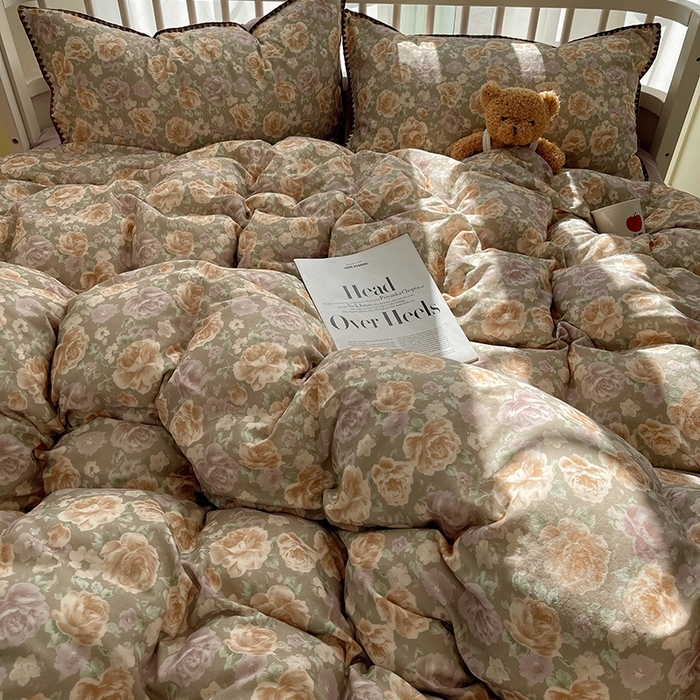 91家纺网 家纺一手货源 找家纺 三朵 2025新款全棉双层纱三角针四件套 花无优咖