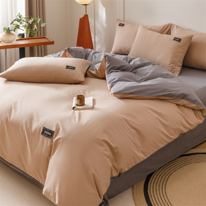 91家纺网 家纺一手货源 找家纺 趣色家纺 2025新款全棉双拼纯色四件套 卡其+浅灰