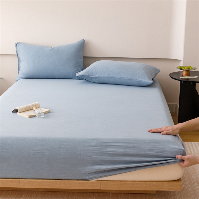 91家纺网 家纺一手货源 找家纺 趣色家纺 2025新款全棉皱皱纱单床笠 雾霾蓝