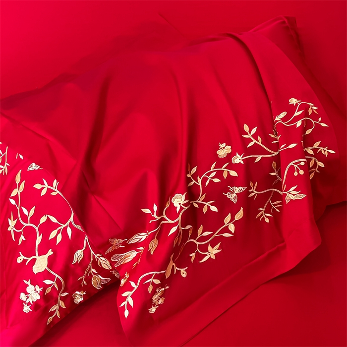 91家纺网 家纺一手货源 找家纺 欧乐蒂 2025新款亲肤棉刺绣婚庆四件套 喜上枝头