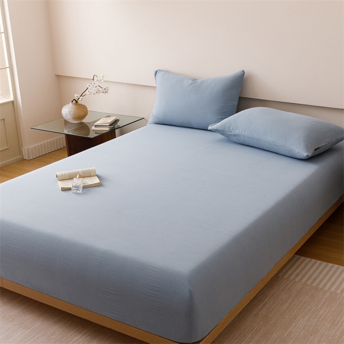 91家纺网 家纺一手货源 找家纺 趣色家纺 2025新款全棉皱皱纱单床笠 雾霾蓝