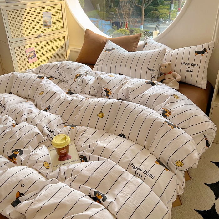 91家纺网 家纺一手货源 找家纺 2025耀达新款舒适水洗棉印花四件套 条纹犬-印花