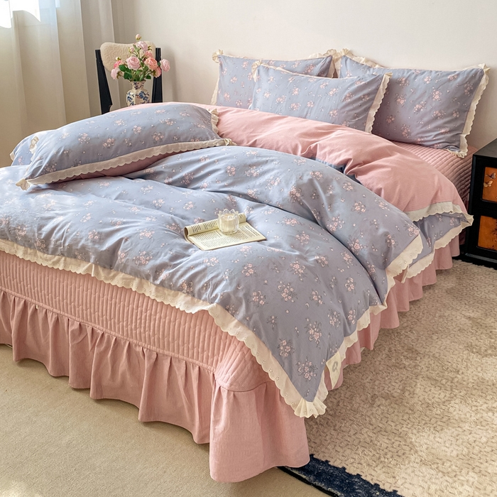 91家纺网 家纺一手货源 找家纺 梦可莱家居 2025新款全棉韩版蕾丝边床盖四件套 小幸福