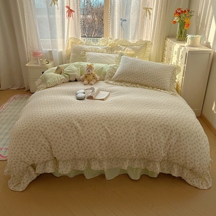 91家纺网 家纺一手货源 找家纺 轻奢坊 2025新款水洗棉密拷花边款 四件套 清然